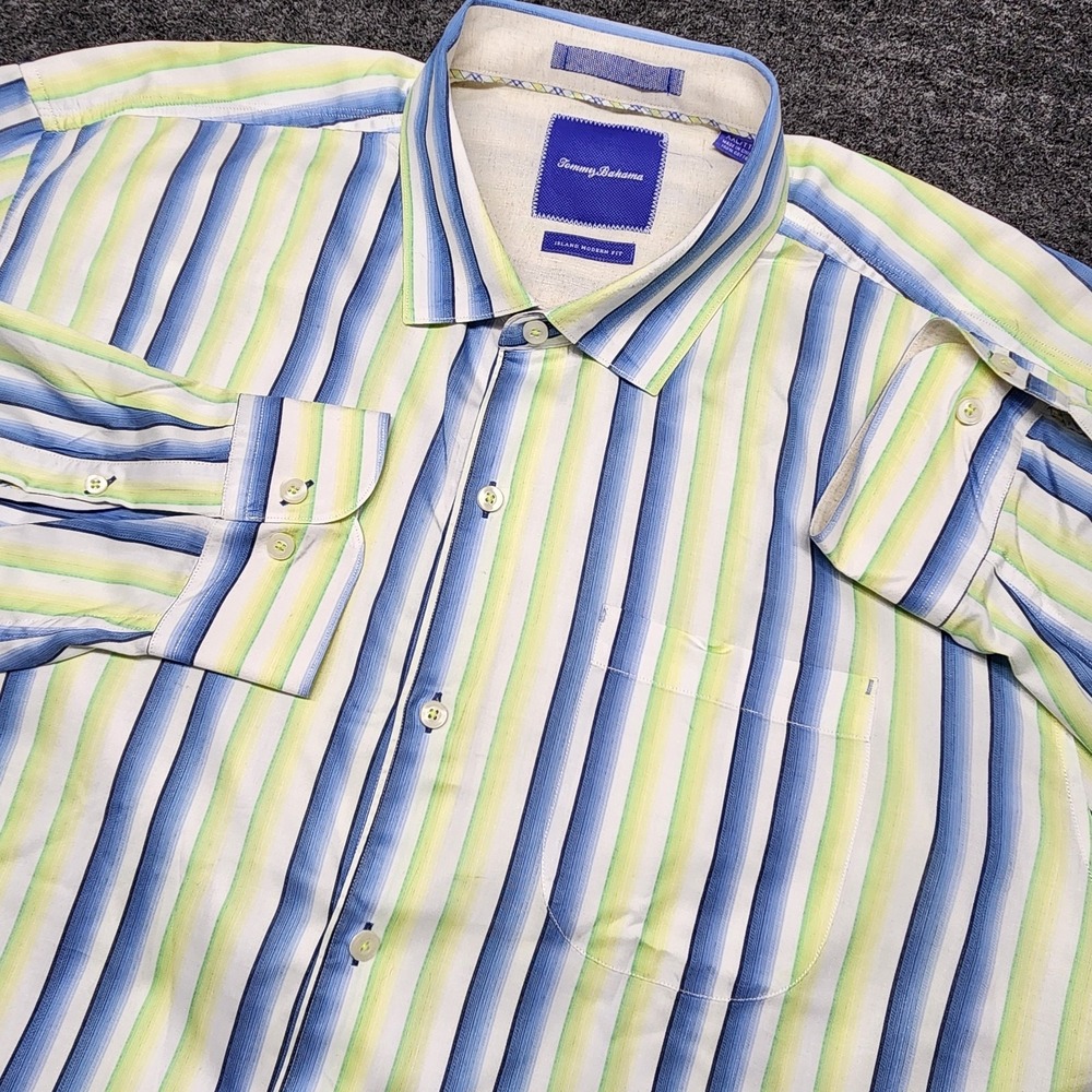 Tommy Bahama Island Striped Blue Neon Green Lightweight Button Down Shirt XXL